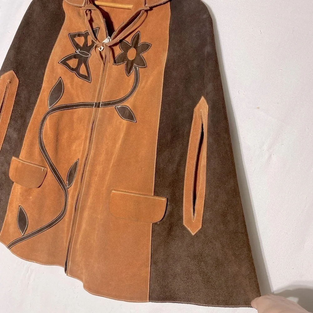 Vintage Two Tone Tan Brown Suede Leather Cape M Boho Western - Picture 6 of 16